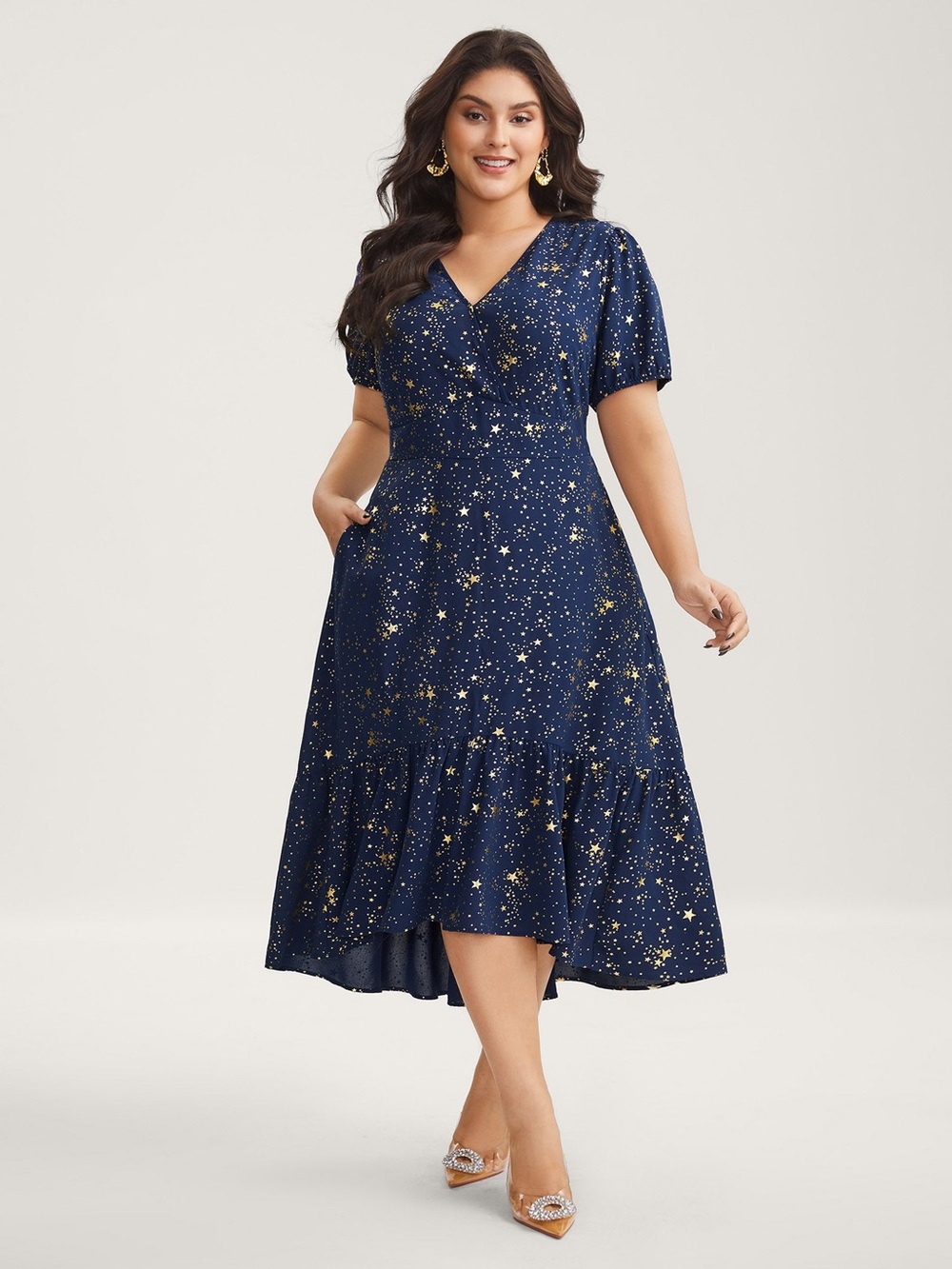 NWT Star Print Navy Maxi Dress with V-Neck and Pockets